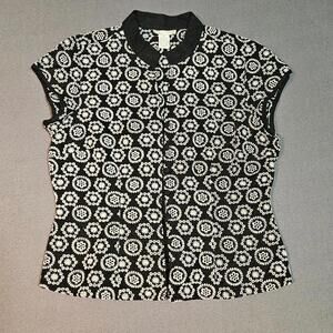 Tweeds Linen Blend Embroidered Blouse Top Size 10 Black White Mandarin Collar